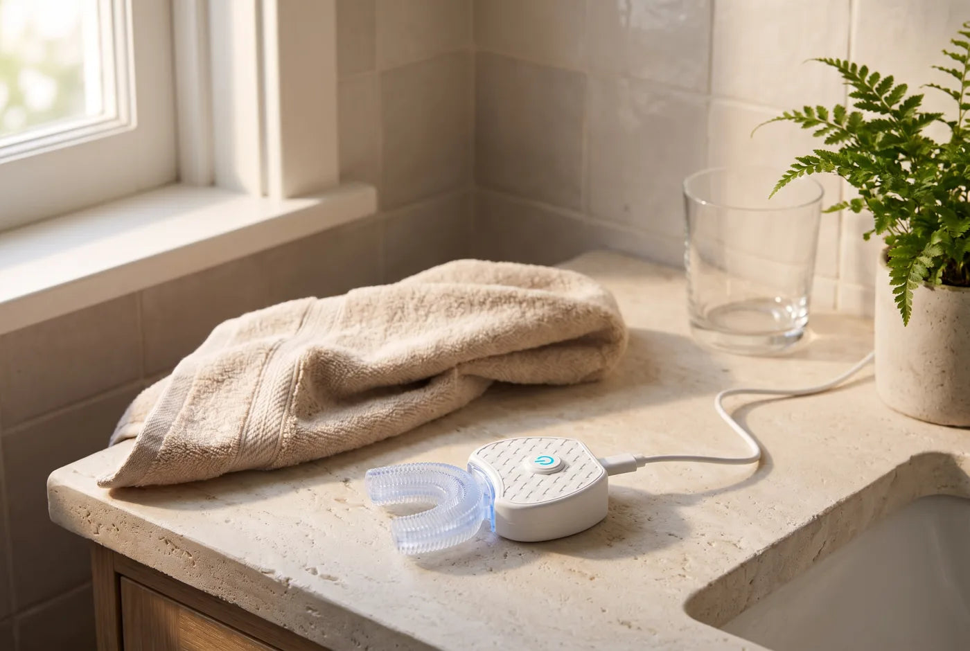 An ordinary bathroom counter in morning light with the InstaBrush on its charger
